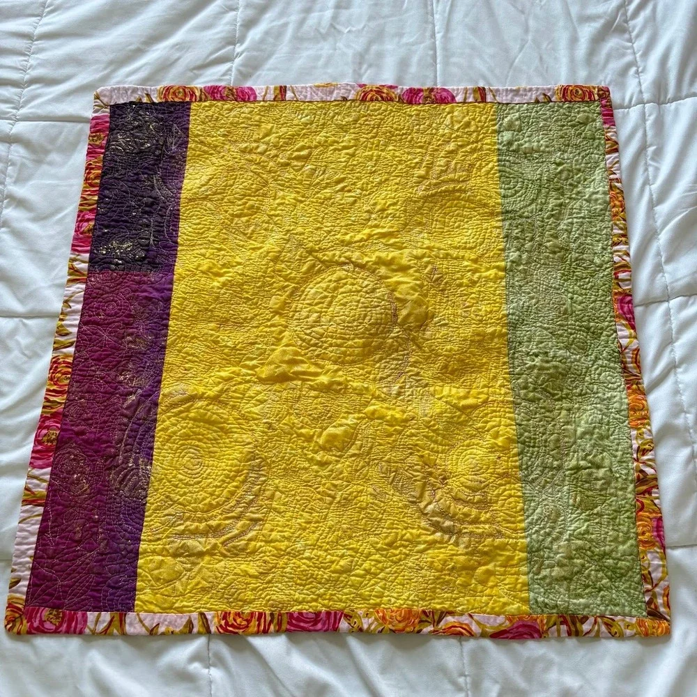 Vintage Handmade Floral Patchwork Quilted Table Runner Pink Yellow Green 29x28